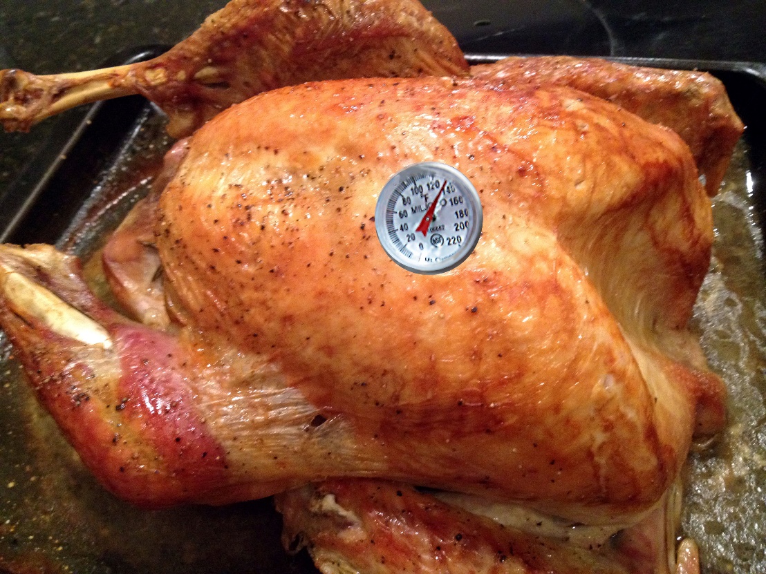 checking roast turkey temperature with a meat thermometer
