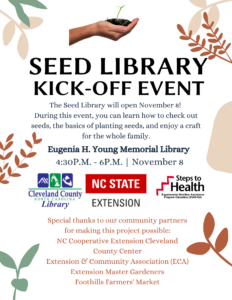Seed Library flier with hand holding plant and plant branches.