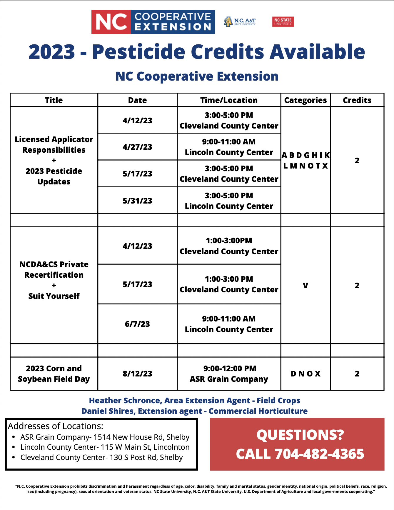 2023 Pesticide Credit Opportunities N.C. Cooperative Extension