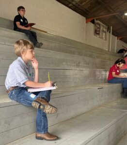 Students look into an arena while taking notes.